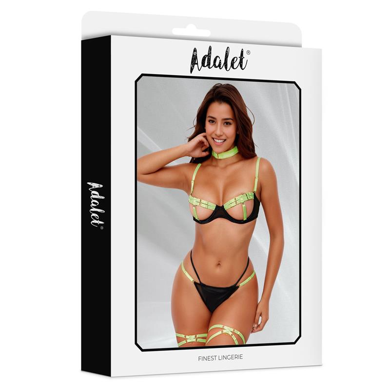 Maya Set Sujetador, Tanga, Ligas y Choker Amarillo y Negro - Imagen 3