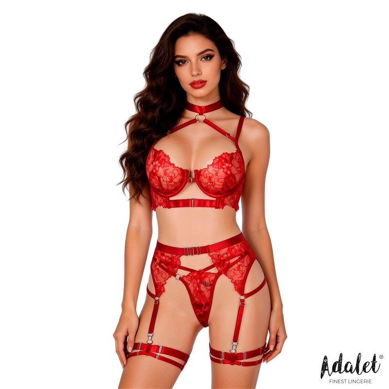 Hyacinth Set Sujetador, Tanga y Liguero Rojo